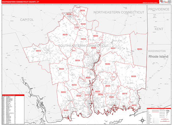 Southeastern Connecticut County, CT Carrier Route Wall Map